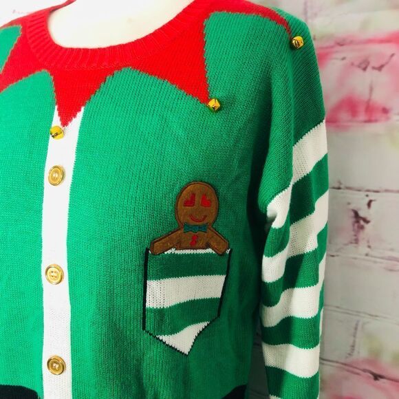 🔥🔥5 for $25🔥🔥tiara international elf green white Christmas sweater jingle bells - Picture 4 of 10